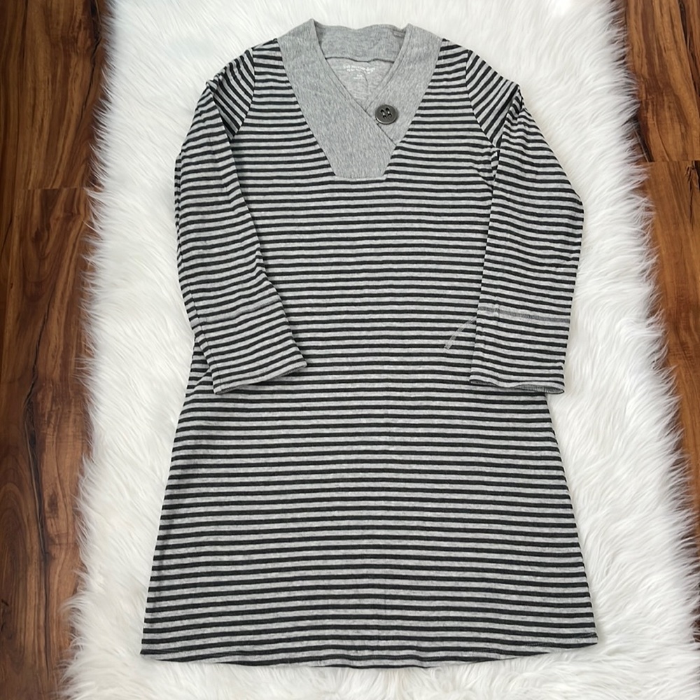 Soft Surroundings Long Sleeves Gray Striped Cotton Tunic Dress